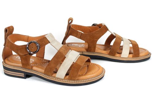 sandale damă Sole Bruna din piele întoarsă bej și maro cu talpă ușoară