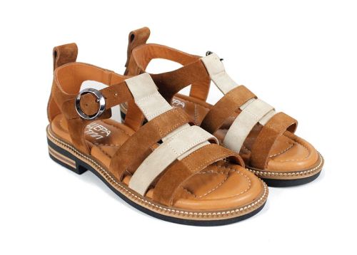 sandale damă Sole Bruna din piele întoarsă bej și maro cu talpă ușoară