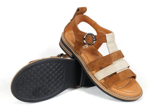 sandale damă Sole Bruna din piele întoarsă bej și maro cu talpă ușoară