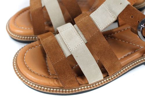 sandale damă Sole Bruna din piele întoarsă bej și maro cu talpă ușoară