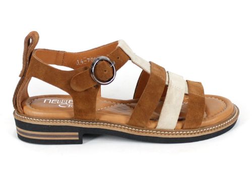 sandale damă Sole Bruna din piele întoarsă bej și maro cu talpă ușoară