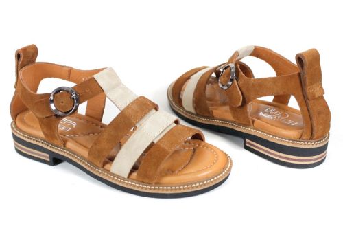 sandale damă Sole Bruna din piele întoarsă bej și maro cu talpă ușoară