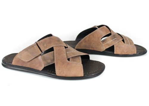 мъжки кафяви кожени чехли с велкро лента