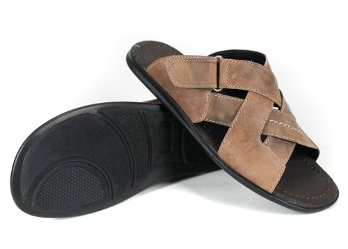 мъжки кафяви кожени чехли с велкро лента