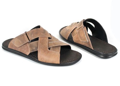 мъжки кафяви кожени чехли с велкро лента