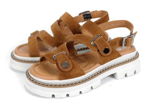 sandale damă Terra Rise din piele întoarsă scorțișoară cu talpă albă