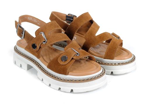 sandale damă Terra Rise din piele întoarsă scorțișoară cu talpă albă