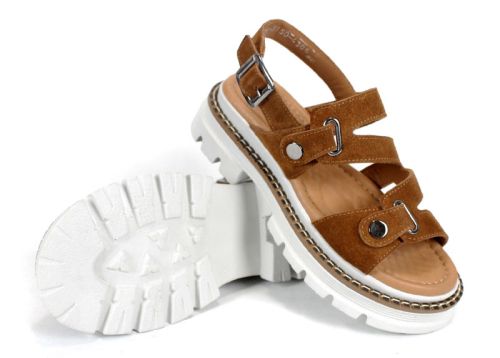 sandale damă Terra Rise din piele întoarsă scorțișoară cu talpă albă