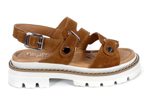 sandale damă Terra Rise din piele întoarsă scorțișoară cu talpă albă