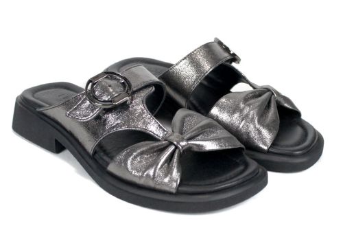 Papuci damă Luna Vela din piele naturală culoare platină