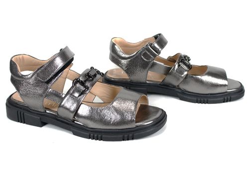 Sandale damă Urban Pulse platina din piele naturală cu velcro și talpă joasă neagră.