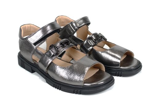 Sandale damă Urban Pulse platina din piele naturală cu velcro și talpă joasă neagră.