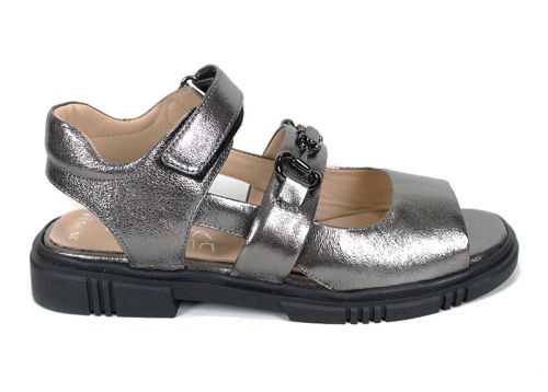 Sandale damă Urban Pulse platina din piele naturală cu velcro și talpă joasă neagră.