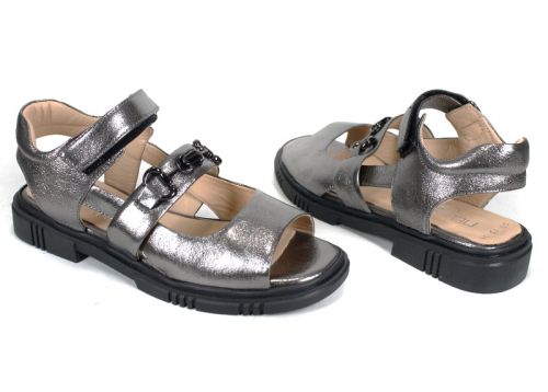 Sandale damă Urban Pulse platina din piele naturală cu velcro și talpă joasă neagră.