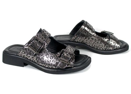 Дамски чехли Silver Wild от естествена кожа, сребрист леопард, регулируеми каишки.