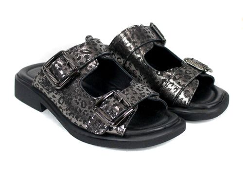 Дамски чехли Silver Wild от естествена кожа, сребрист леопард, регулируеми каишки.