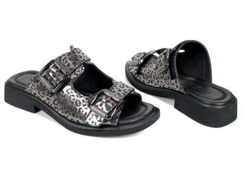 Дамски чехли Silver Wild от естествена кожа, сребрист леопард, регулируеми каишки.