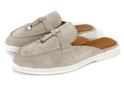 Duna Beige дамски велурени чехли с пискюл и бяло ходило