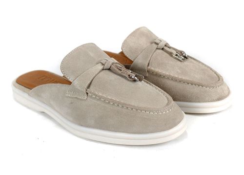 Duna Beige дамски велурени чехли с пискюл и бяло ходило