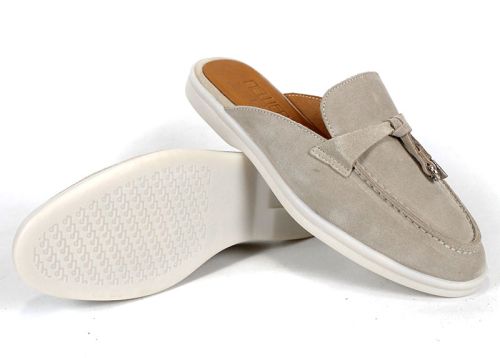 Duna Beige дамски велурени чехли с пискюл и бяло ходило