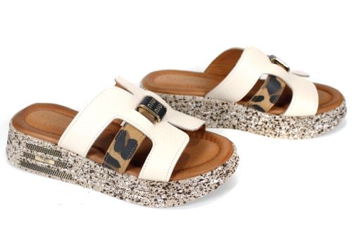 papuci damă Luna Fiera piele bej imprimeu leopard