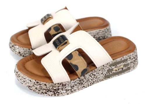 papuci damă Luna Fiera piele bej imprimeu leopard