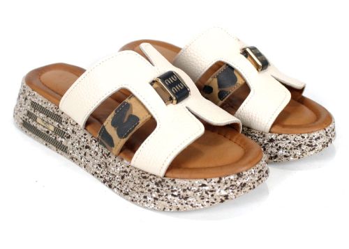 papuci damă Luna Fiera piele bej imprimeu leopard