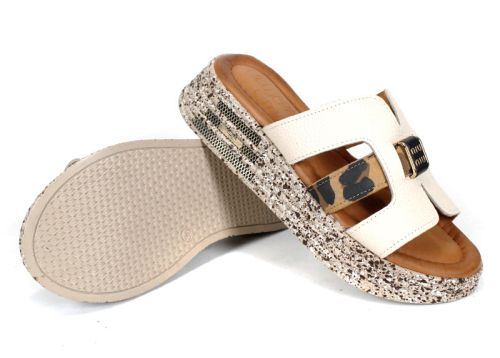 papuci damă Luna Fiera piele bej imprimeu leopard