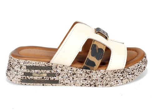 papuci damă Luna Fiera piele bej imprimeu leopard