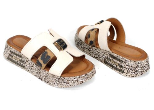 papuci damă Luna Fiera piele bej imprimeu leopard