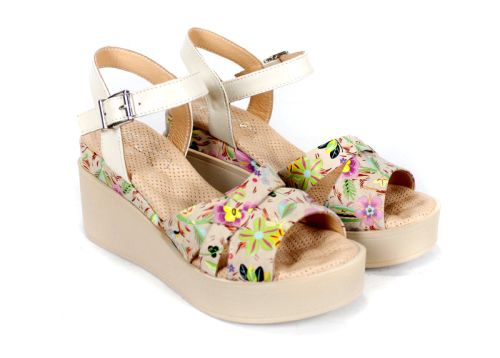 Flora Bellezza sandale damă imprimeu floral bej piele naturală