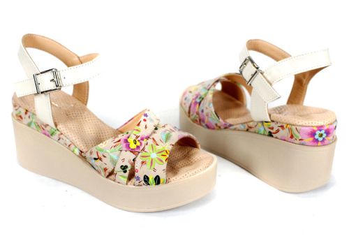 Flora Bellezza sandale damă imprimeu floral bej piele naturală