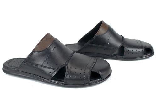 Мъжки чехли Nero Punto от естествена кожа, черен цвят със затворени пръсти