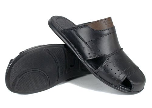 Мъжки чехли Nero Punto от естествена кожа, черен цвят със затворени пръсти