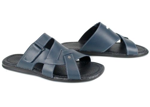 Мъжки чехли Ocean Sign от синя естествена кожа с велкро