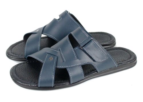 Мъжки чехли Ocean Sign от синя естествена кожа с велкро