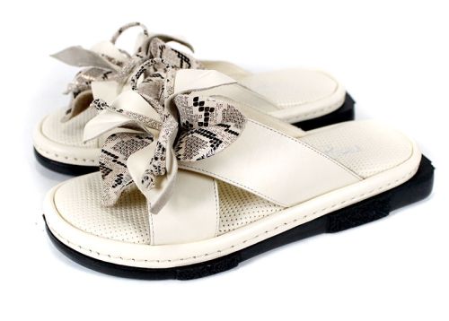 papuci damă Dalia Fiore din piele bej cu fundă decorativă