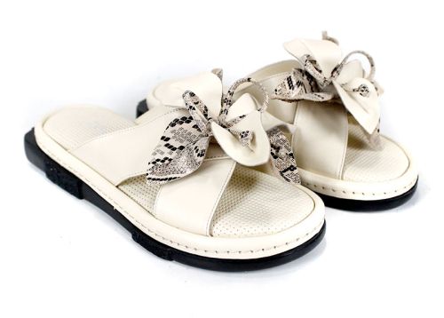 papuci damă Dalia Fiore din piele bej cu fundă decorativă