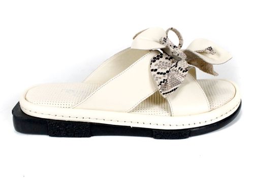 papuci damă Dalia Fiore din piele bej cu fundă decorativă