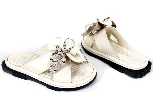 papuci damă Dalia Fiore din piele bej cu fundă decorativă