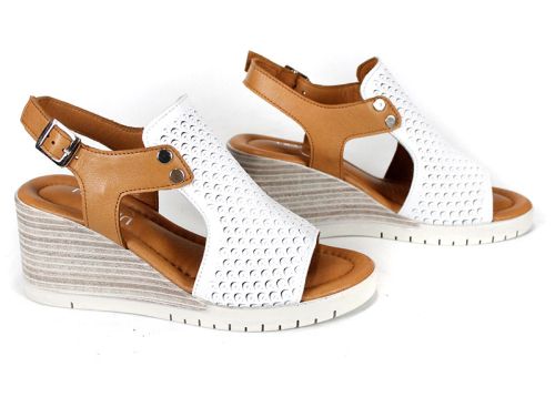 Sandale de damă Luna Clara din piele naturală albă și maro deschis, cu platformă