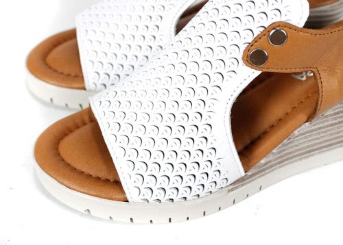 Sandale de damă Luna Clara din piele naturală albă și maro deschis, cu platformă