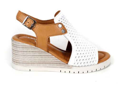 Sandale de damă Luna Clara din piele naturală albă și maro deschis, cu platformă