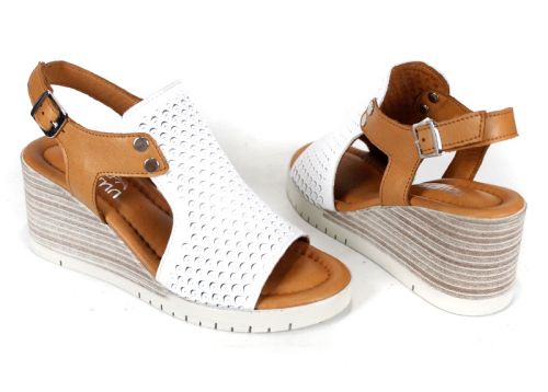 Sandale de damă Luna Clara din piele naturală albă și maro deschis, cu platformă