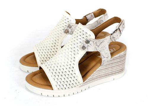 Sandale de damă Luna Clara din piele naturală bej cu perforații și imprimeu tip snake