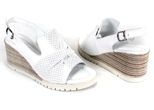 Sandale albe de damă Sole Luminosa din piele naturală cu fundiță perforată pe platformă