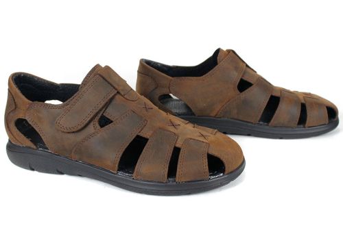 Vento Nero – мъжки кафяви сандали от естествена „крейзи“ кожа с велкро и ниско ходило