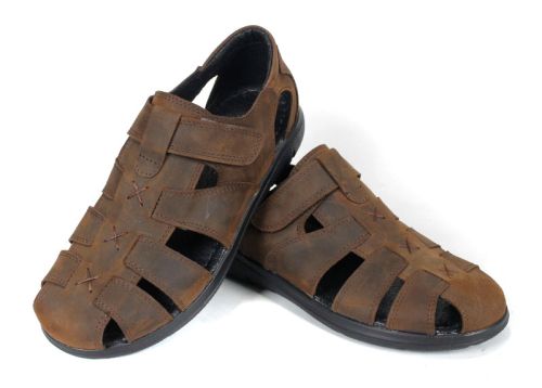 Vento Nero – мъжки кафяви сандали от естествена „крейзи“ кожа с велкро и ниско ходило