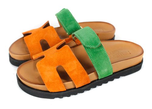 papuci damă Vita Colore din piele întoarsă portocalie și verde, cu talpă neagră și închidere reglabilă cu velcro