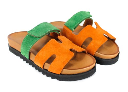 papuci damă Vita Colore din piele întoarsă portocalie și verde, cu talpă neagră și închidere reglabilă cu velcro